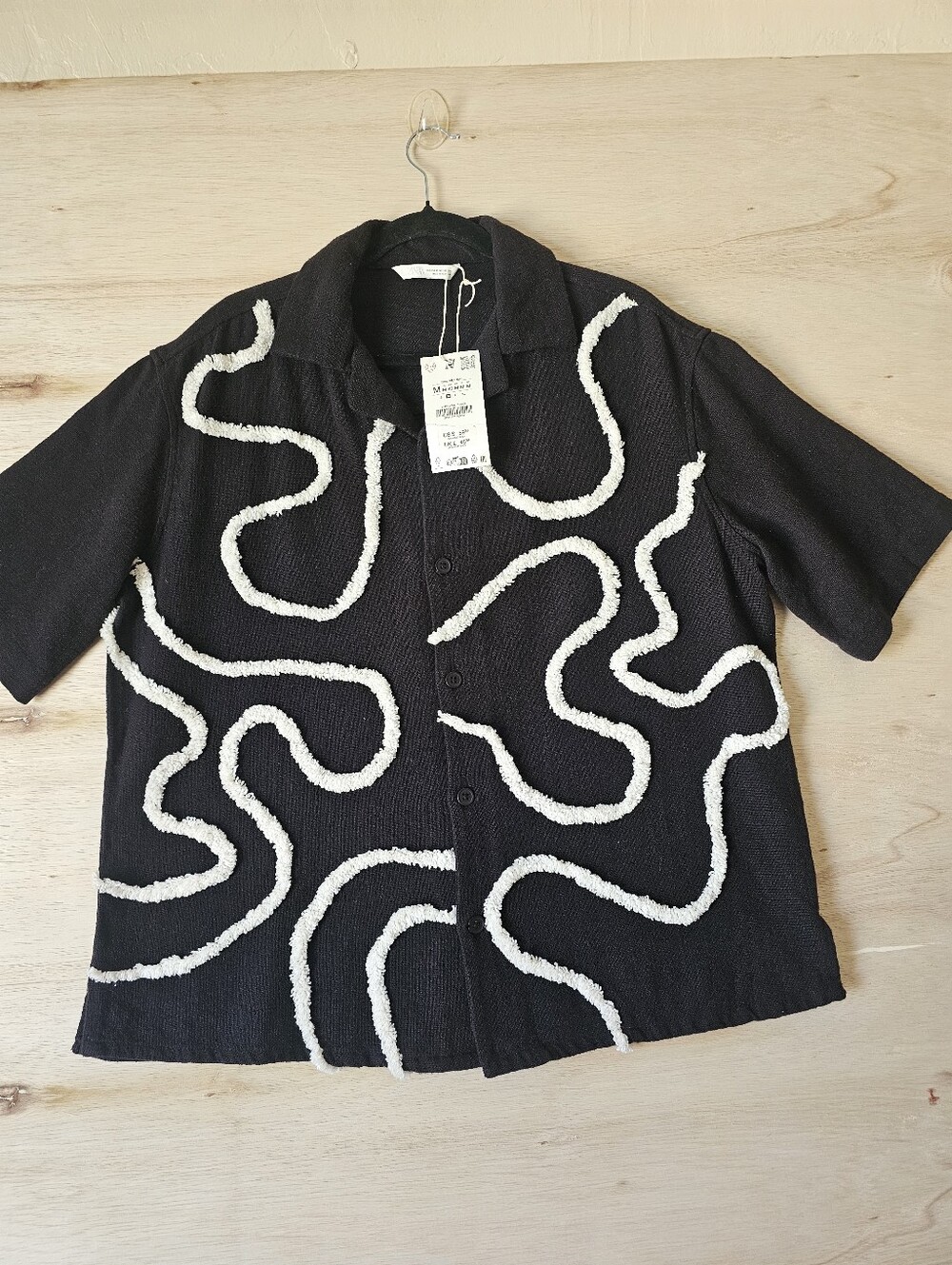 NWT Zara Men's Black Shirt with White Textured Piping - Size M - 100% Cotton